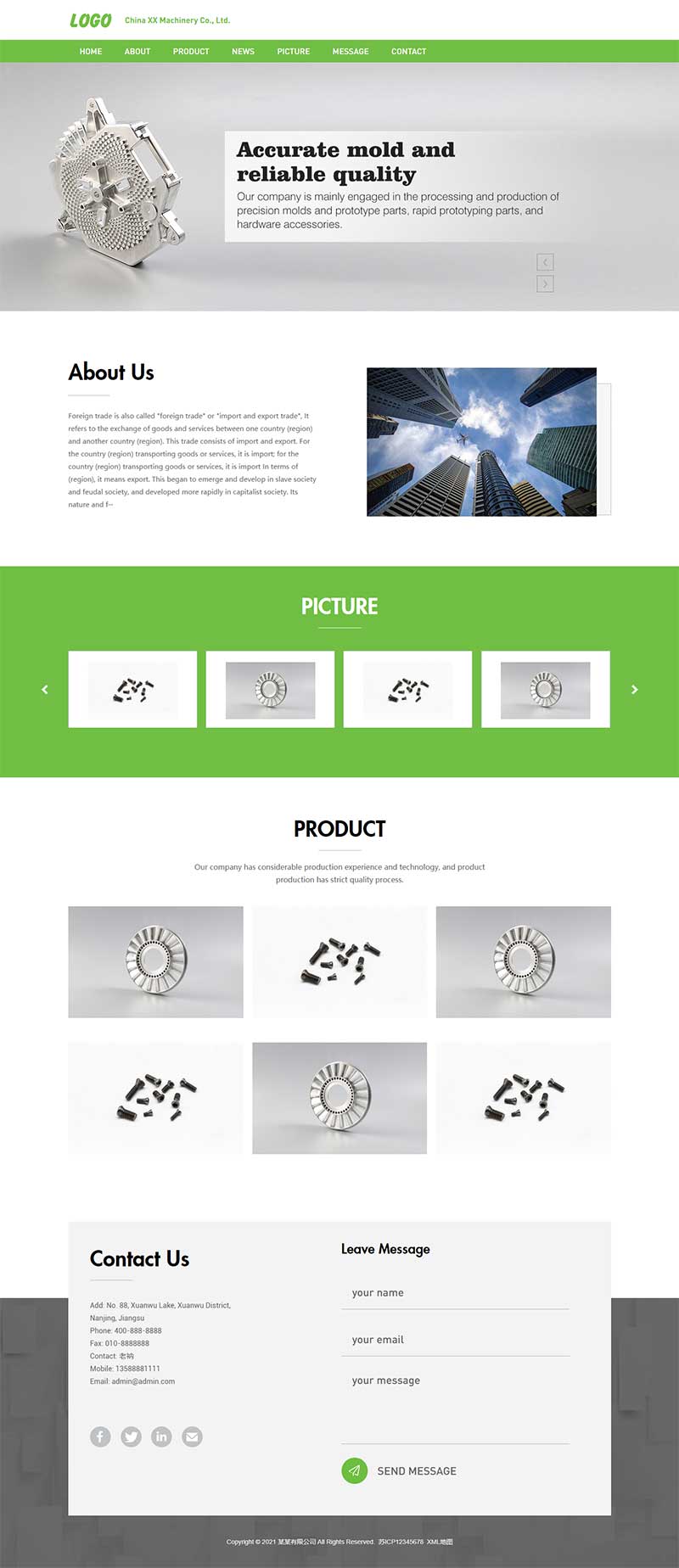 (自适应手机端)绿色五金零件英文PbootCMS外贸网站模板 精密模具零件加工类网站源码下载
